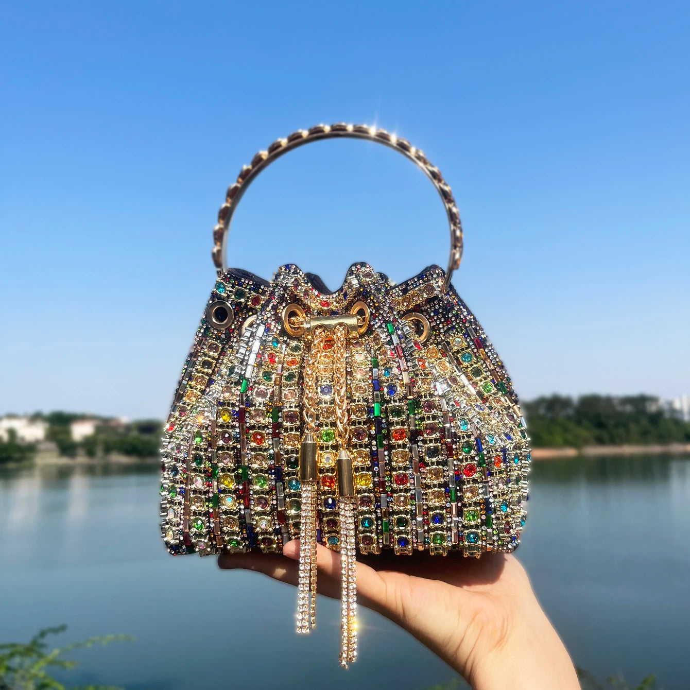 Luxury Designer Evening Bags for Women Bucket Clutch Shoulder Bag with Crystal Rhinestone for Banquets