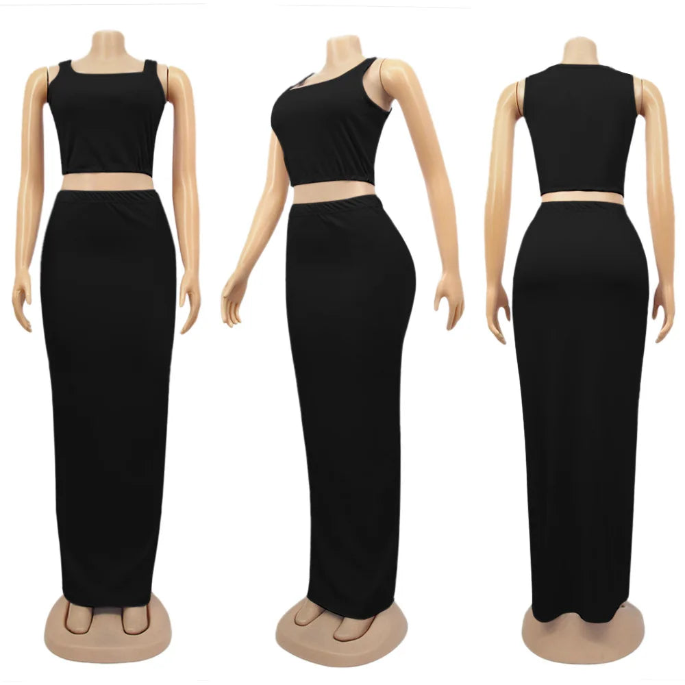CM.YAYA Women Set Solid Sleeveless Strap Square Collar Crop Tops Stretchy Long Skirts Two Piece Set Sexy Fashion Outfits Summer