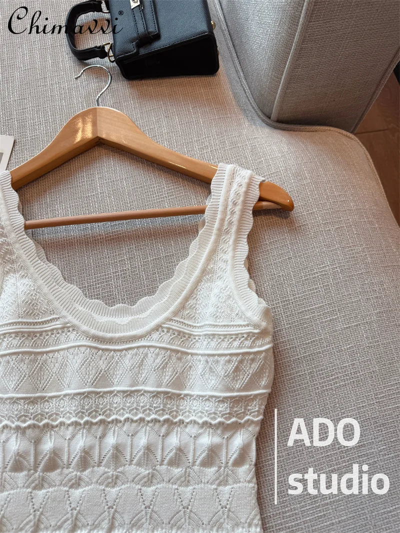 White Sweet A-line Ruffle Edge Knitted Vest Dress Women's Summer French Fashion Slim Temperament Sexy Girl Hollow Short Dress