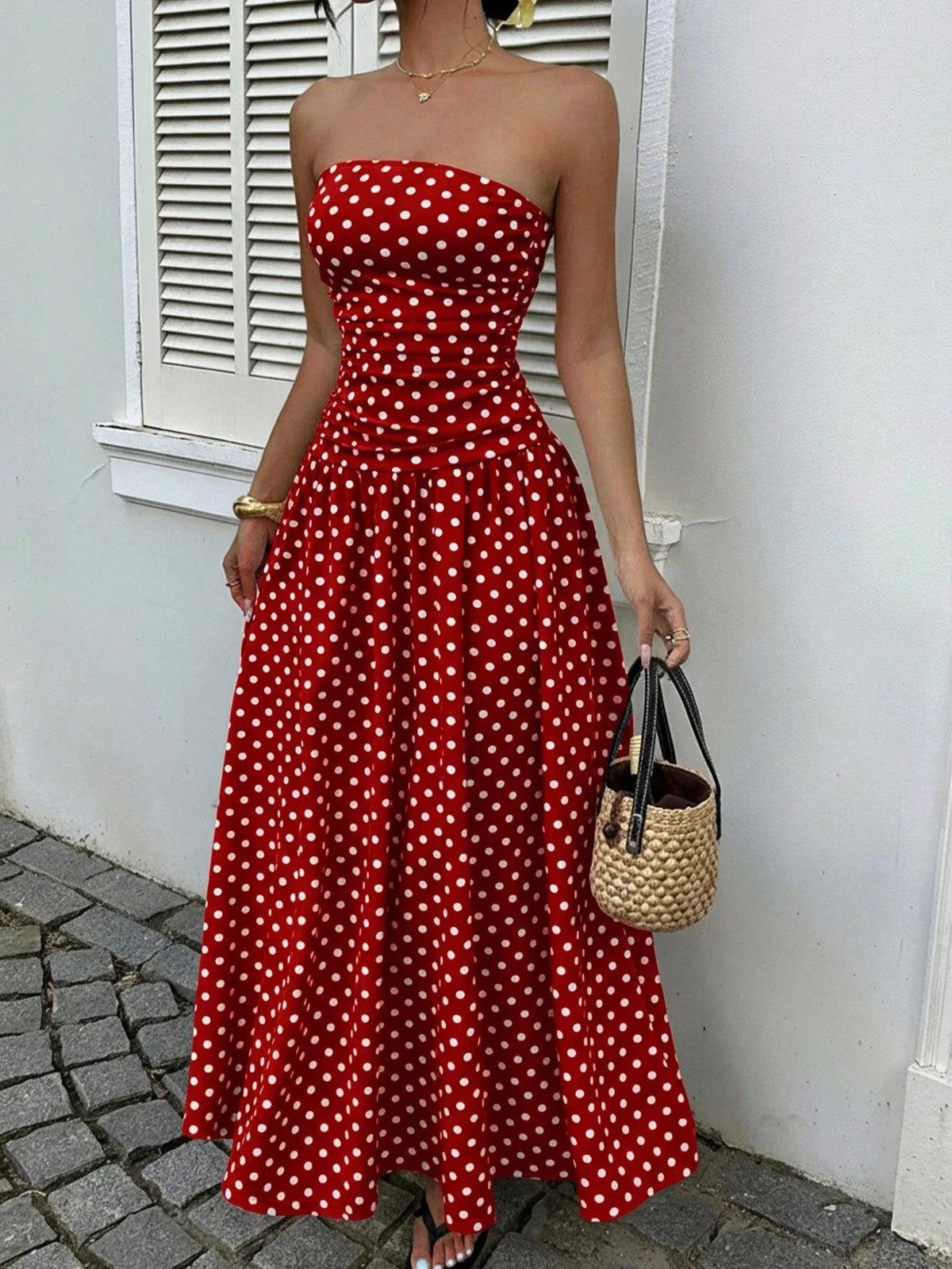 Vintage Polka Dot Strapless Ruffle Maxi Dress for Women