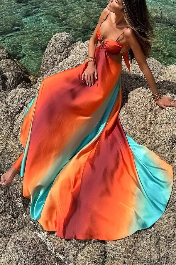 Sexy Gradient Sling Beach Long Dress Women Vintage Sleeveless Lace Up Hollow Out Tube Dresses Female Chic Street Party Holiday