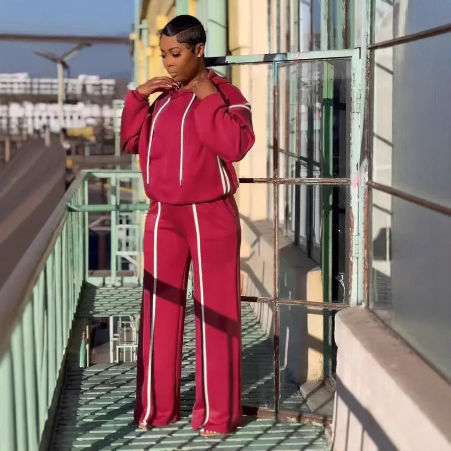 CM.YAYA Fashion Striped Splicing Women's Set Long Sleeve Hooded Sweatshirt and Sweat Pants Tracksuit 2024 Two 2 Piece Set Outfit