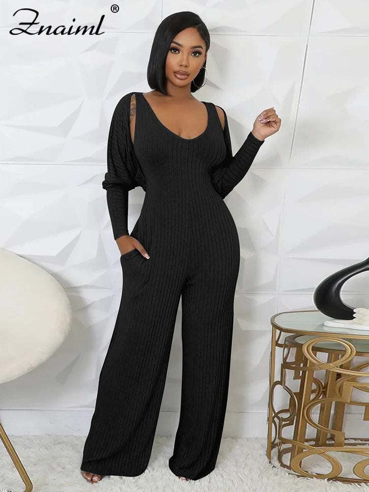 Znaiml Blue Knitted Ribber Wide Leg Pants Jumpsuits and Crop Coat Tops Two 2 Piece Women Sets Autumn Streetwear Birthday Outfits