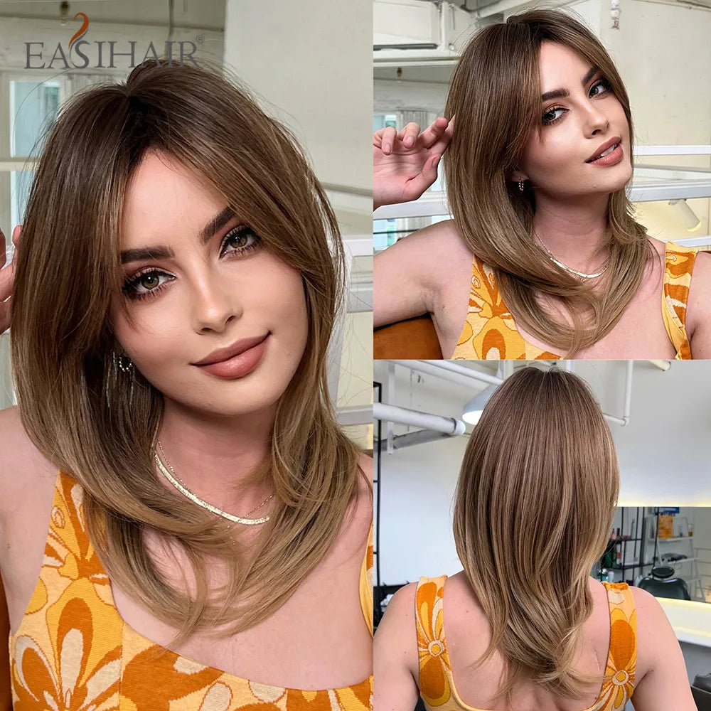 Dark Brown Synthetic Layered Wig With Bangs for Women