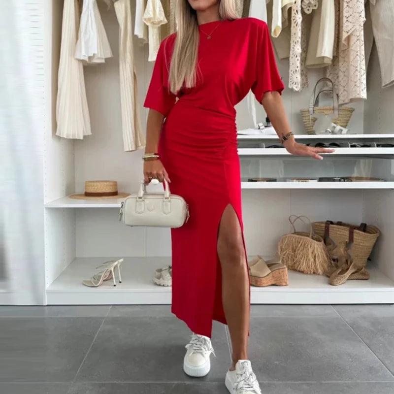 Simple Solid Split Commuting Dress Elegant Wrap Hip Party Long Dresses for Women Casual O Neck Short Sleeved Waist Summer Dress