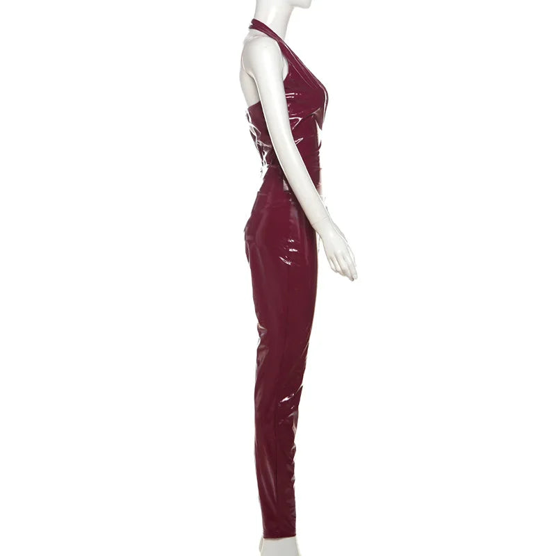 CM.YAYA Women Set PU Leather Halter V-neck Top + Pencil Pants Suits 2025 Fitness Streetwear Two 2 Piece Sets Outfits Tracksuit