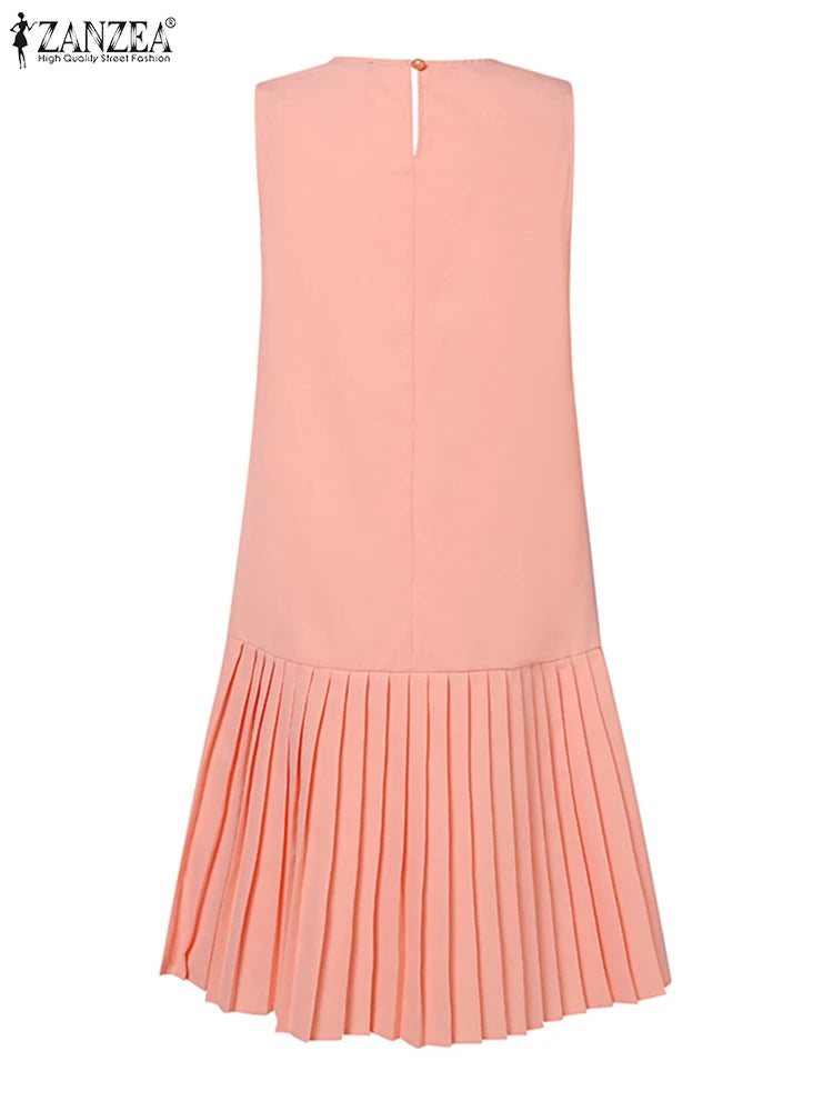 ZANZEA Summer Women Sleeveless Mini Dress 2024 Elegant Party Tank Vestidos Ladies Casual Solid Color Pleated Short Sundress