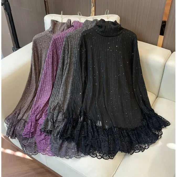 Autumn and Winter New Fashionable Style Lace Splicing Bottom Shirt Thin Solid Color Loose Look Casual Loose Long Sleeves Top