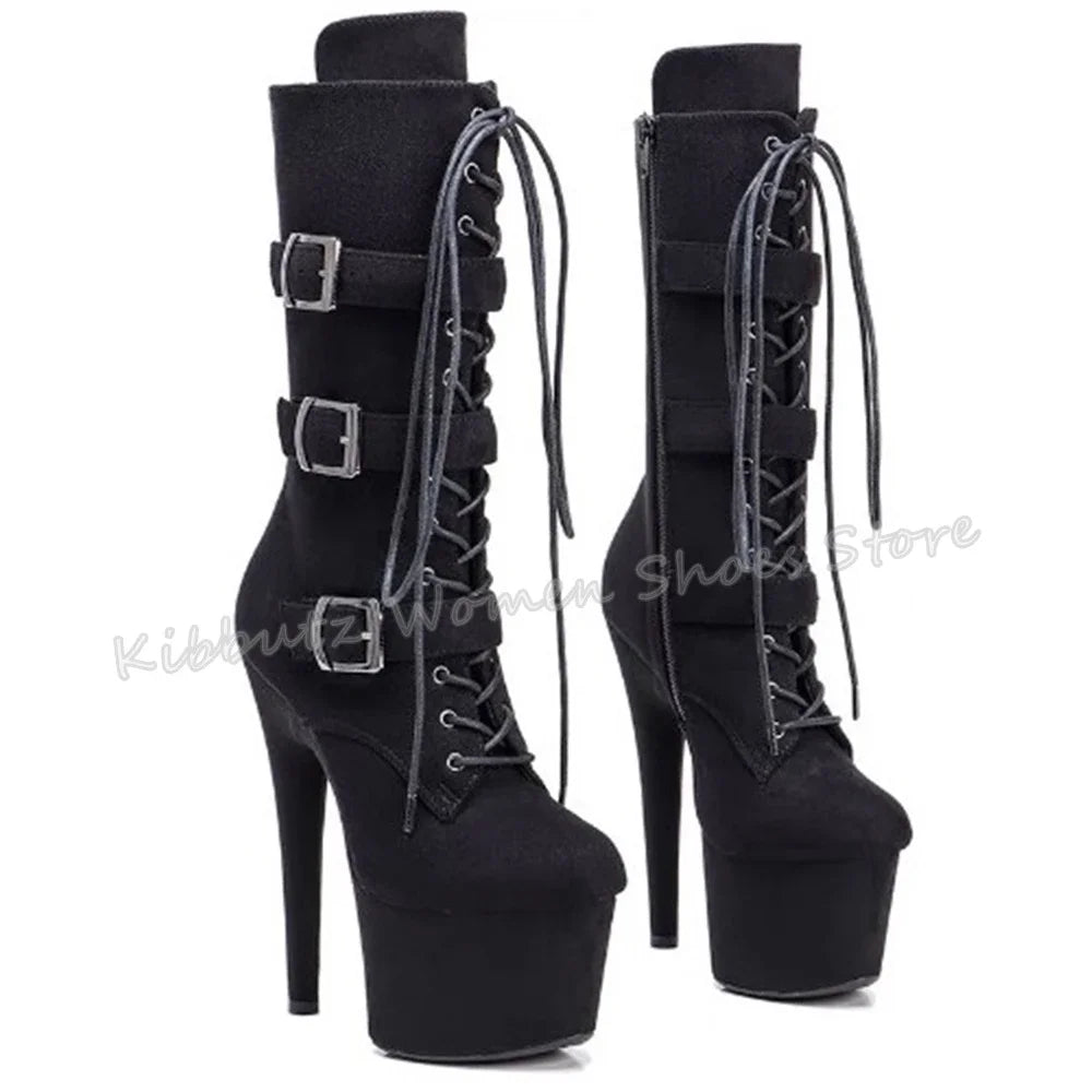 Belt Buckle Boots Over The Knee Platform Solid Color Lace-Up Thick Bottom Party Sexy Nightclub Fashion Patent Leather Shoes New