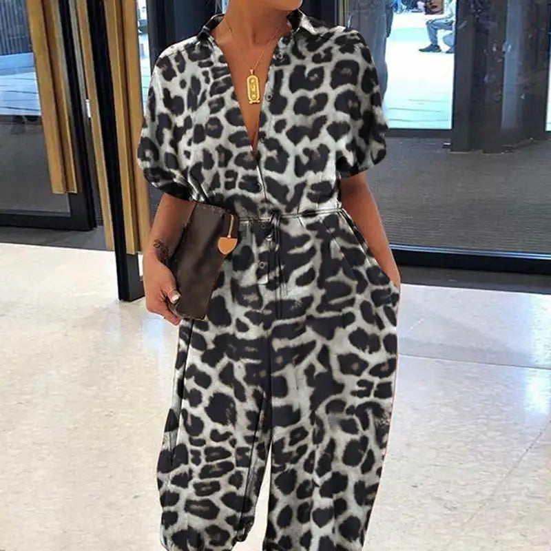 Leopard Print Short Sleeve Lace-Up Pocket Jumpsuit for Women