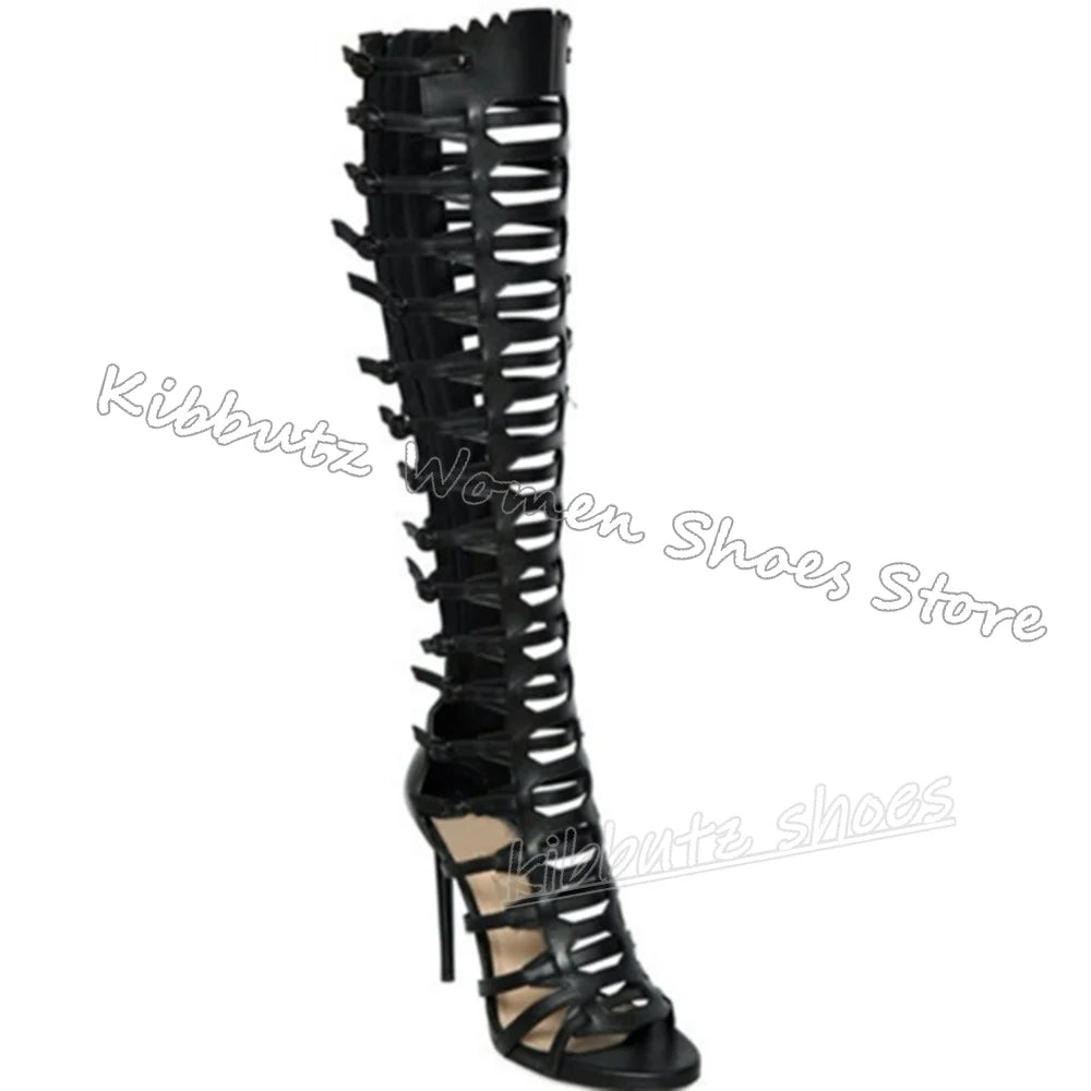 Cross Strap Sandals Knee High Solid Color Round Toe Thin Heels Back Zipper Fashion Luxury Elegant Concise Sexy Women Shoes New