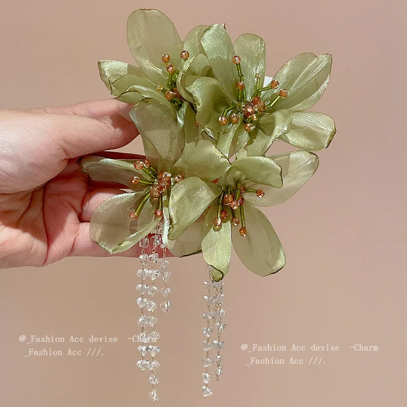 Flower Mesh Crystal Tassel Earrings for Women Elegant Style Exaggerated Long Earings Wholesale