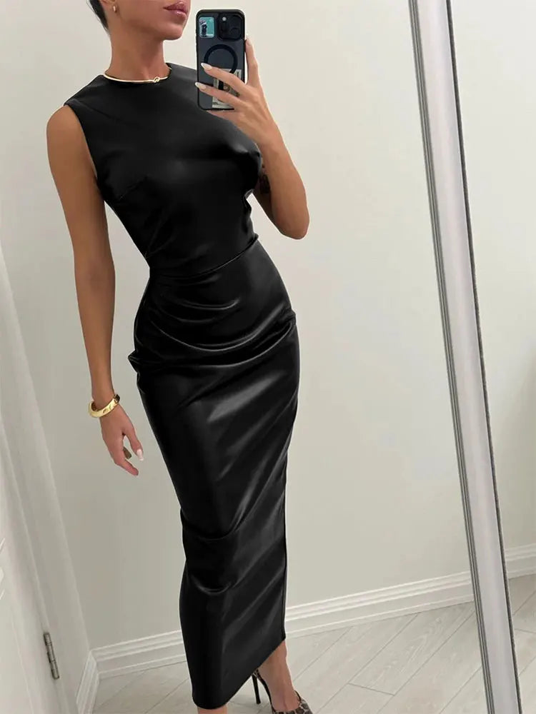 Summer Women's Maxi Dresses Streetwear Fashion New Zipper O-Neck PU Dress Solid Sexy Bodycon Female Club Party Dresses Clothing