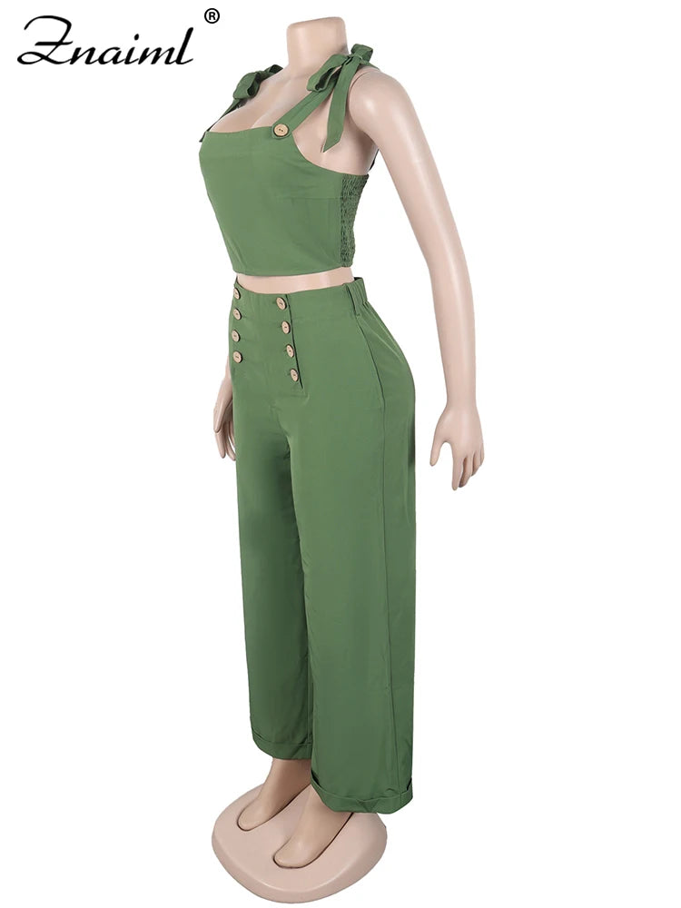 Znaiml Green Tie Shoulder Ruched Wide Strap Slim Fit Crop Top and Wide Leg Pant 2 Pieces Women Summer Streetwear Matching Sets