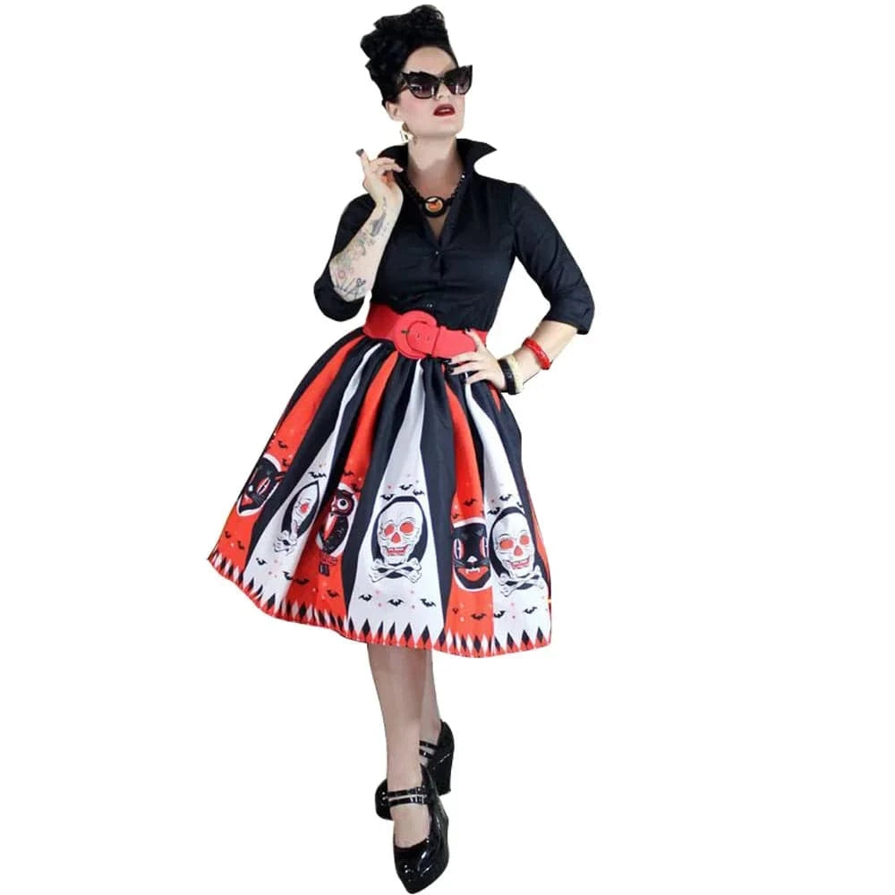 Women Vintage Halloween Skirt Retro Poker Face Skull Plus Size Skirt High Waist Pleated Ball Gown Long Skirts