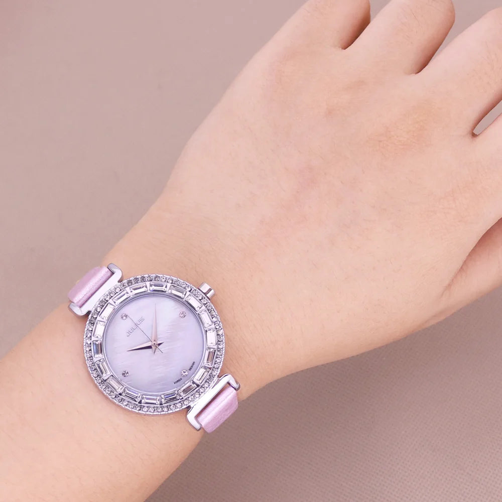 Mother-of-pearl Rhinestones Julius Lady Women's Watch Fashion Hours Bracelet Real Blue Leather Girl's Birthday Gift Box