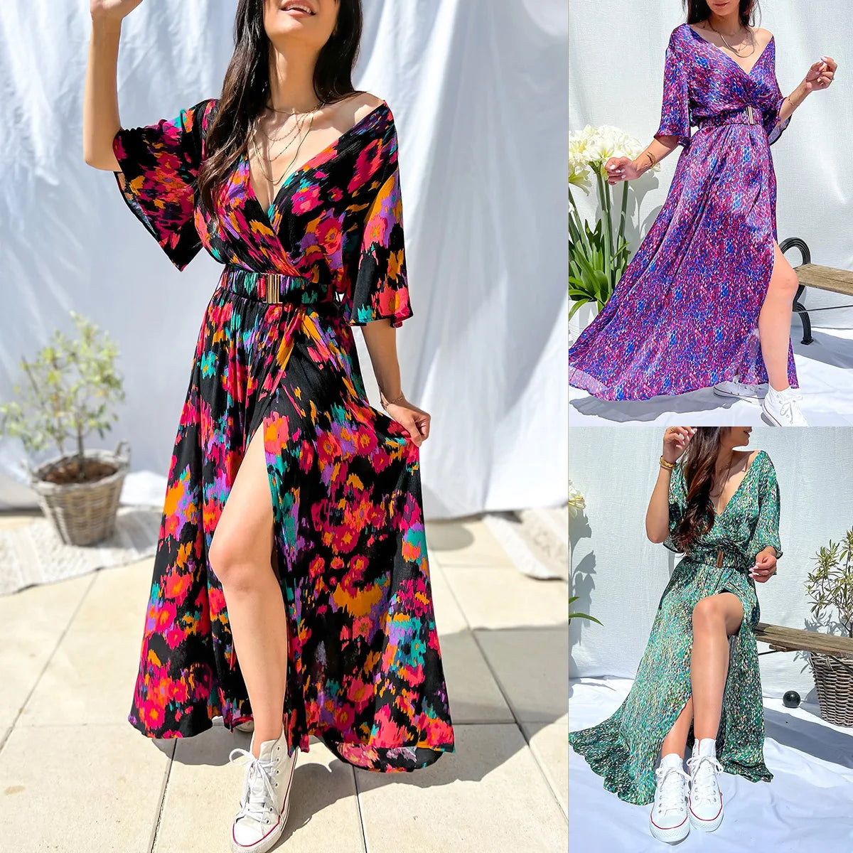 2023 Summer Elegant V-Neck Belt-Printed Long Dress From Amazon's Independent Store Wish Asia Exquisite Craftsmanship Slim Fit