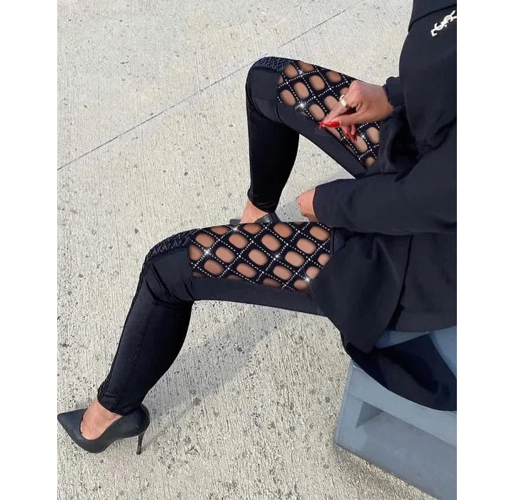 Sexy Y2k Pants Women Streetwear Elegant Slim Fit Hollowed Out Black Patchwork Lace High Waist Trousers 2024 Autumn and Winter