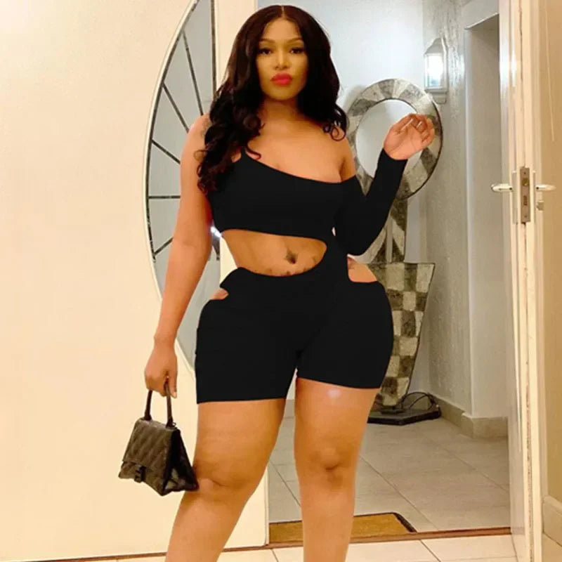 Sexy Bodycon One Sleeve Hollow Out Playsuit for Women