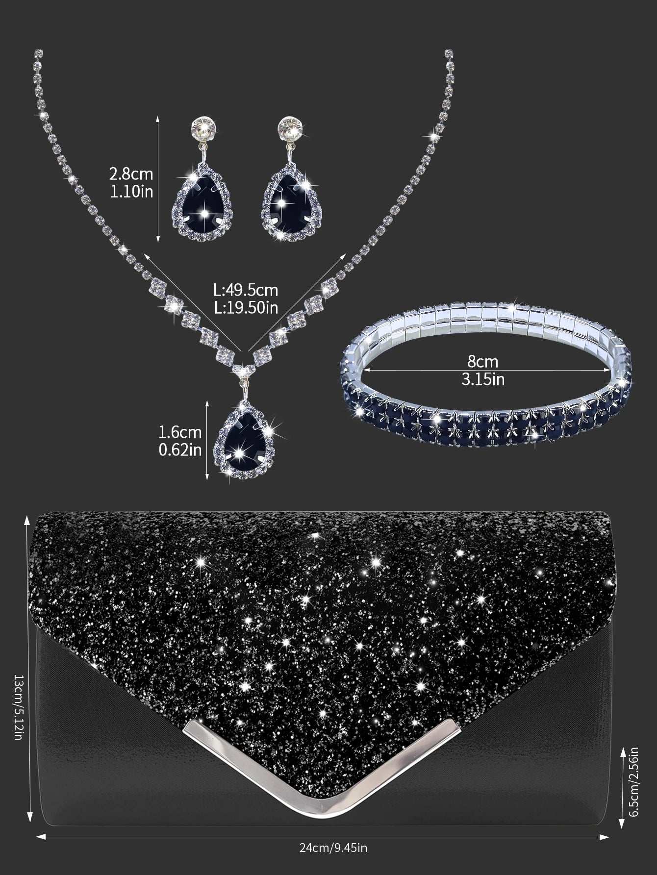 Sparkling and luxurious sequined evening clutch for women, paired with a gorgeous rhinestone necklace, earrings and bracelet set