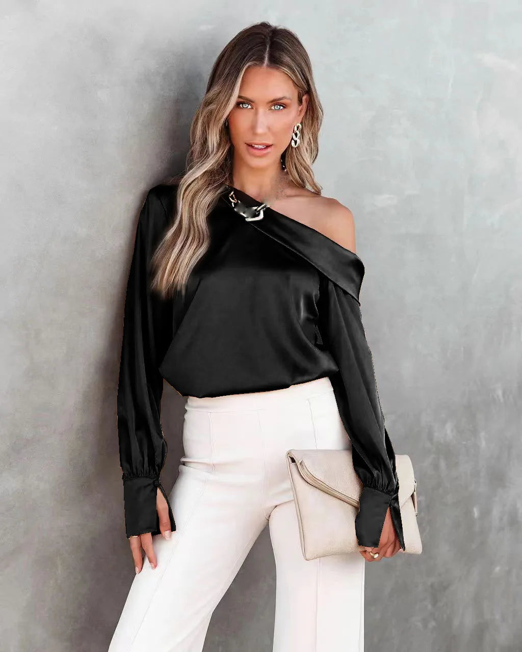 Women Fashion Sexy Slash Neck Satin Blouse Solid Color Long Sleeve Off Shoulder Office Shirt Lady Casual Loose Blouse Tops