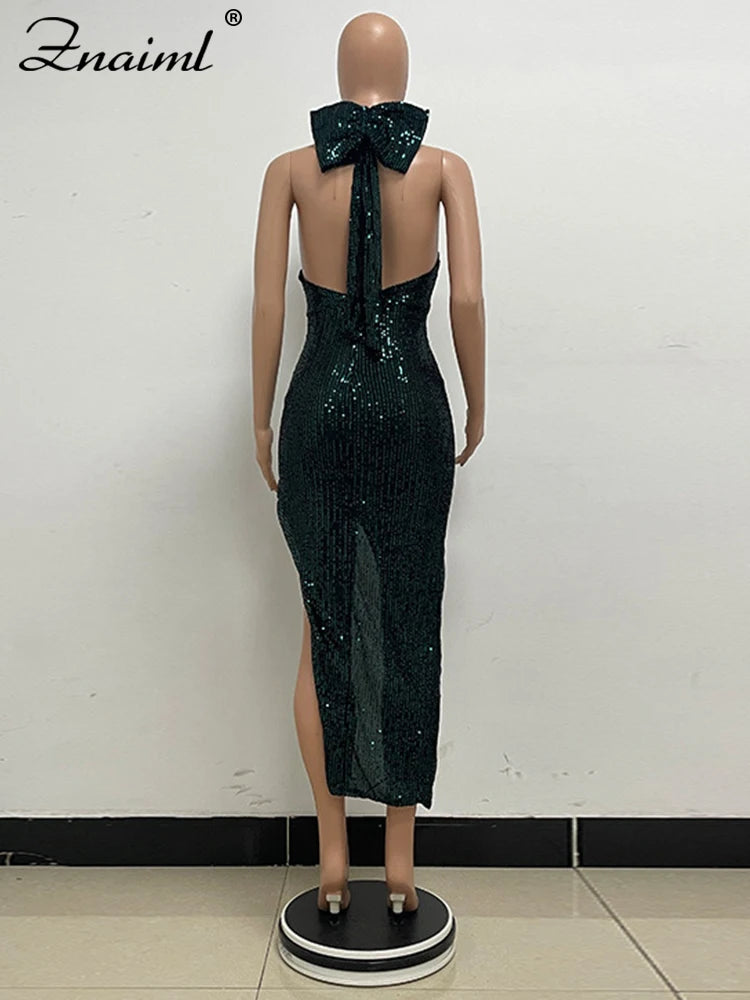 Znaiml Elegant Luxury Sequin Halter Big Bow Backless Long Dresses Women Sleeveless High Split Birthday Evening Wedding Vestidos