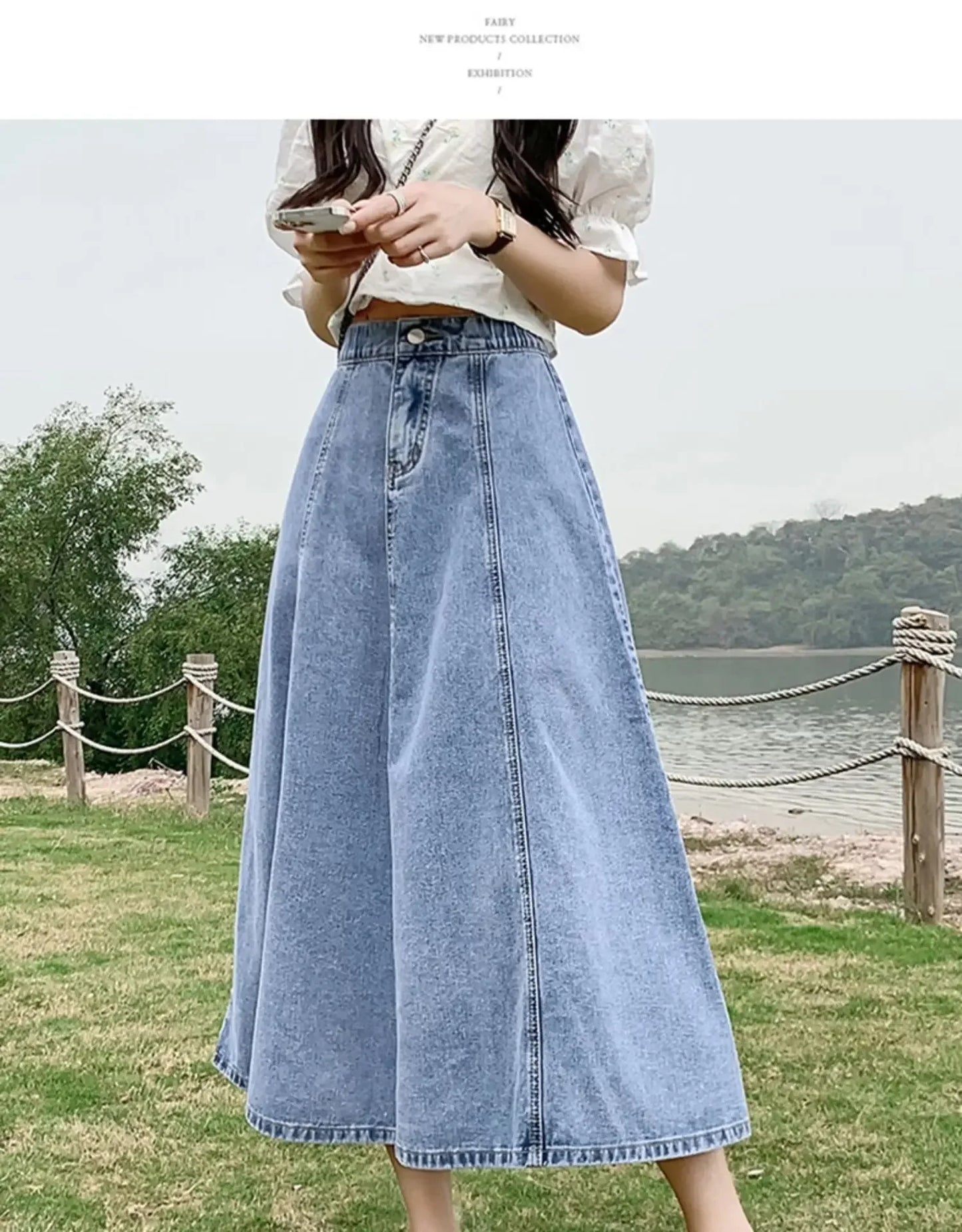 Fashionable Spring Medium-Length High-Waisted Jeans Long Dress Women's Elastic Waist A- Line Skirt Umbrella Skirt