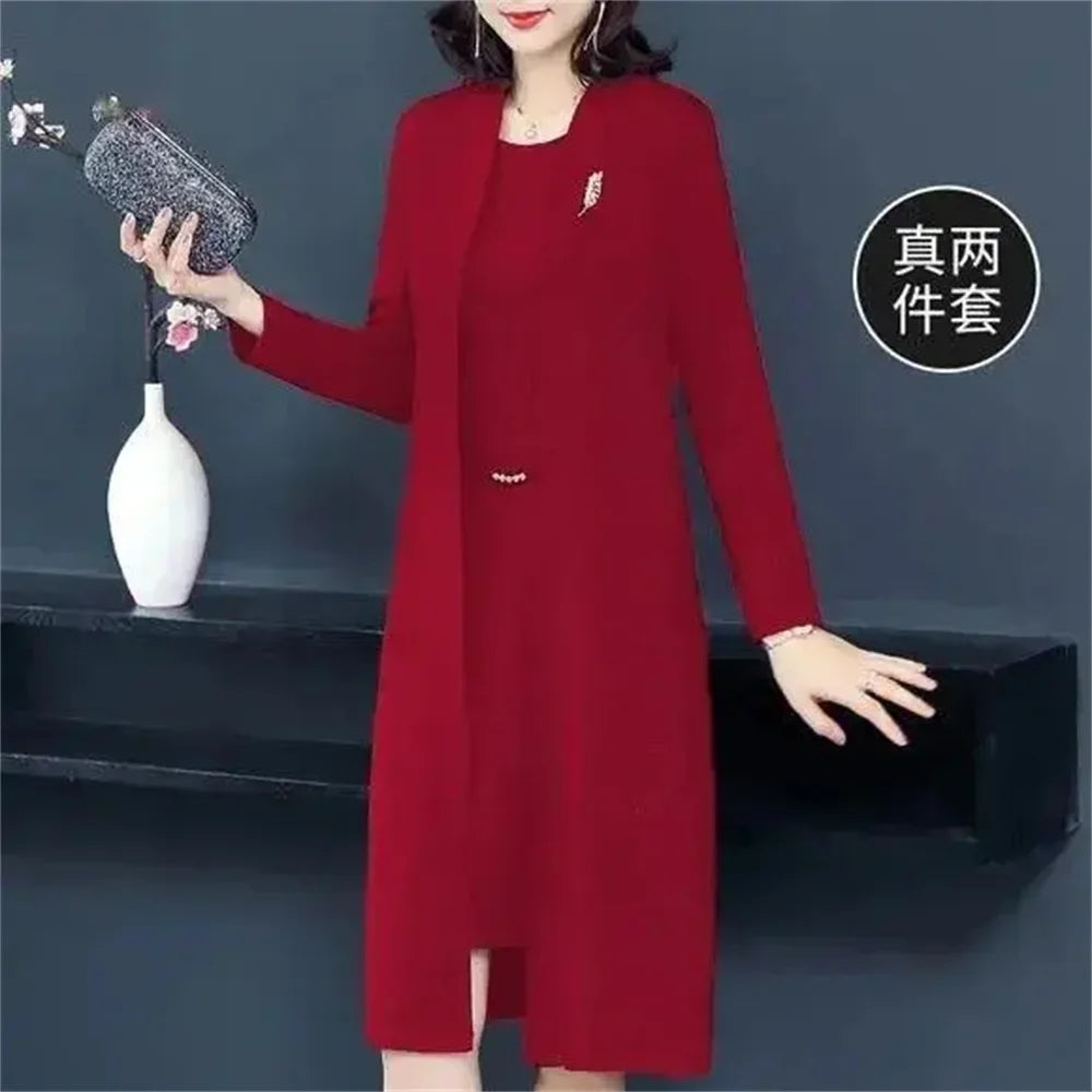 Single/Two-piece Suit Female Middle-Aged Elderly Temperament Mother Dress Suits New Autumn Windbreaker Coat Female Elegant Dress