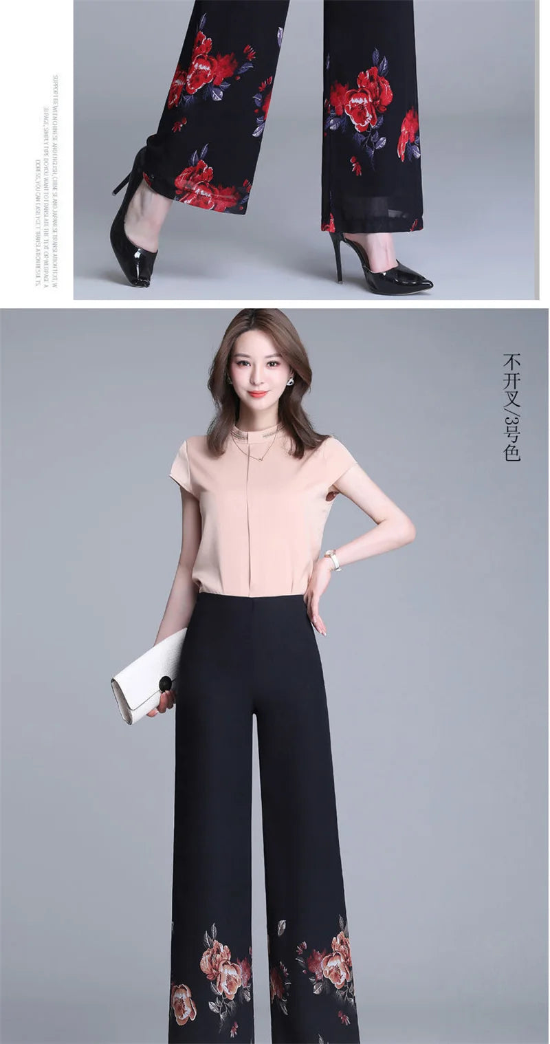 Double Layer Printed Chiffon Wide Leg Pants For Women's Summer New High Waisted Loose Dance Swing Pants Drooping Skirt Pants LA