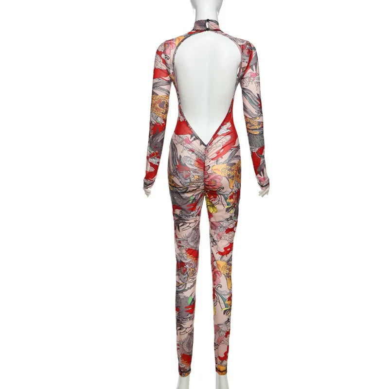 Joskaa Colorful Print Mesh Backless Jumpsuit Women Sexy See Through Full Sleeve Skinny Overalls 2025 Coquette Midnight Clubwear