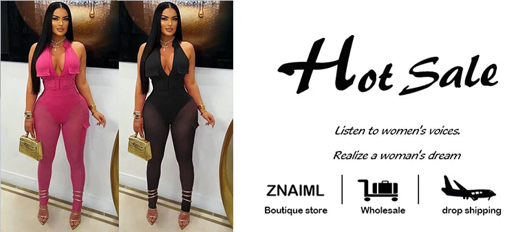 Znaiml Women's Two 2 Piece Pants Sets Sexy Deep V-neck Halter Sleeveless Backless Pocket Tops and Mesh Trousers Night Club Suit