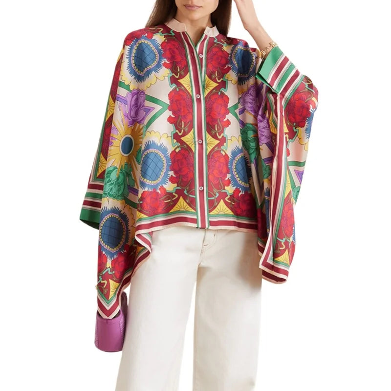 Fashion Stylish Selection Batwing Sleeves Flower Print Stand Collar Blouses Women Spring Summer High-low Buttoned Shirts Tops