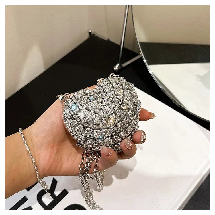 Luxury Mini Diamond Inlay Heart Shape Crystal Clutch Purse Stones Evening Wedding Party Shoulder Bag Handle Rhinestone Handbags