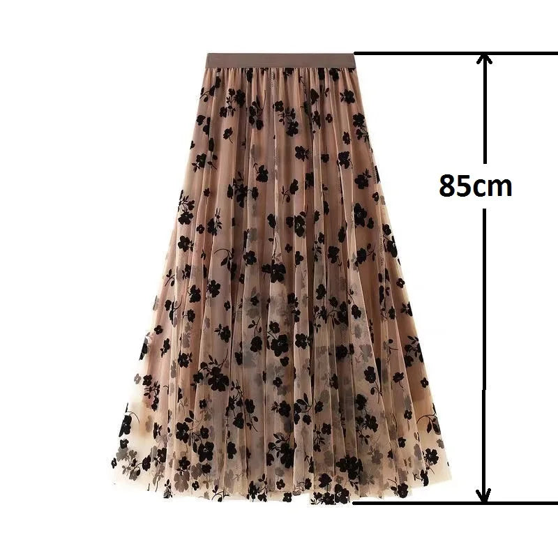 Flocking Floral Pirnted Long Mesh Skirt for Women, High Waist, Max Pleated Tutu, Tulle Skirt, Gauze Skirt, Female, 2025