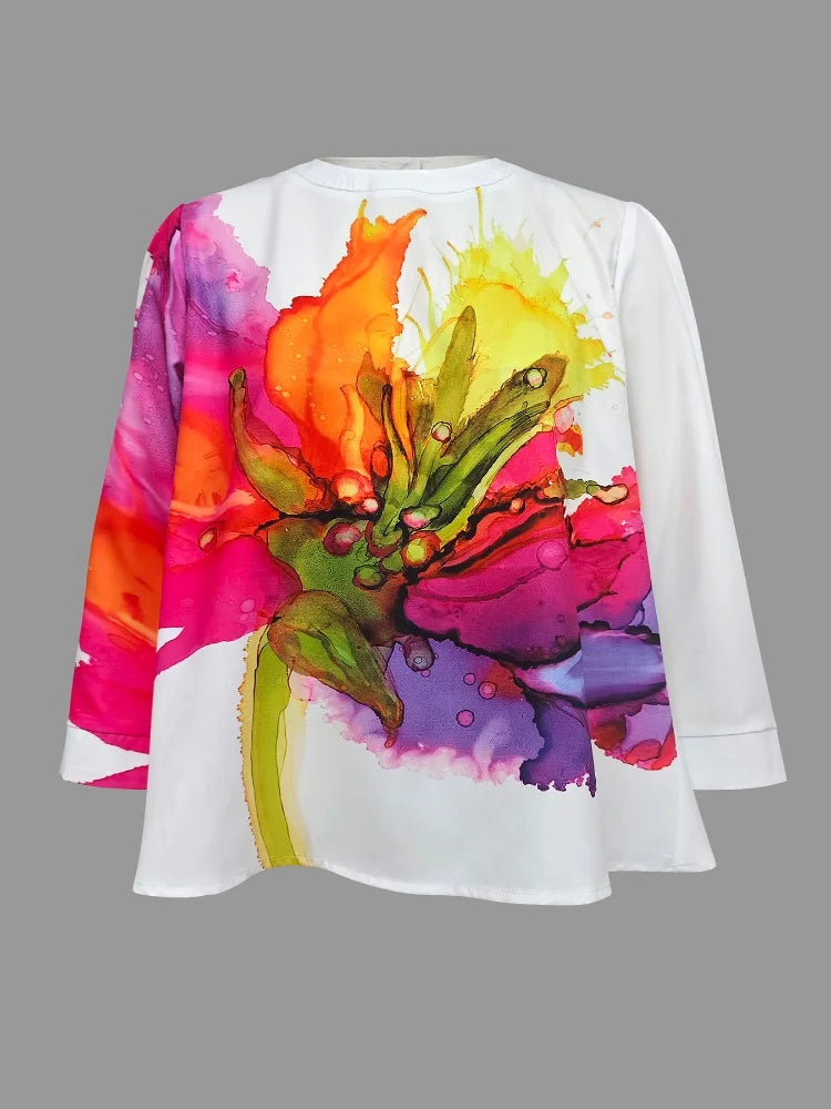 Women T-shirt 2024 New Summer Casual Simple Tops Round Neck Three-Quarter Sleeves Floral Printed Loose Fit Pullovers