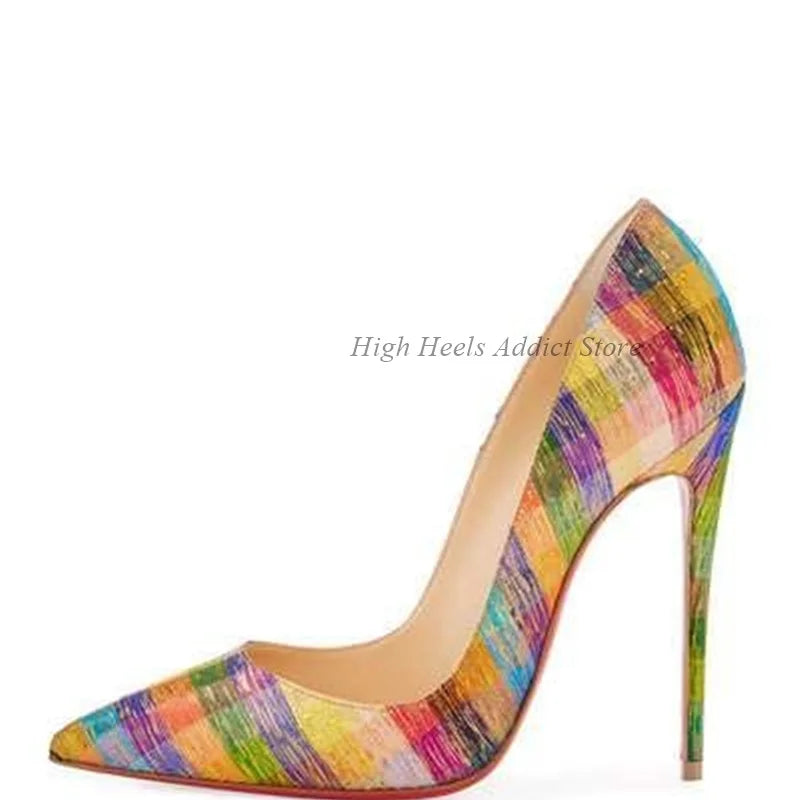 Pointed Toe Leather Striped Cross Tie Stiletto Pumps For Women