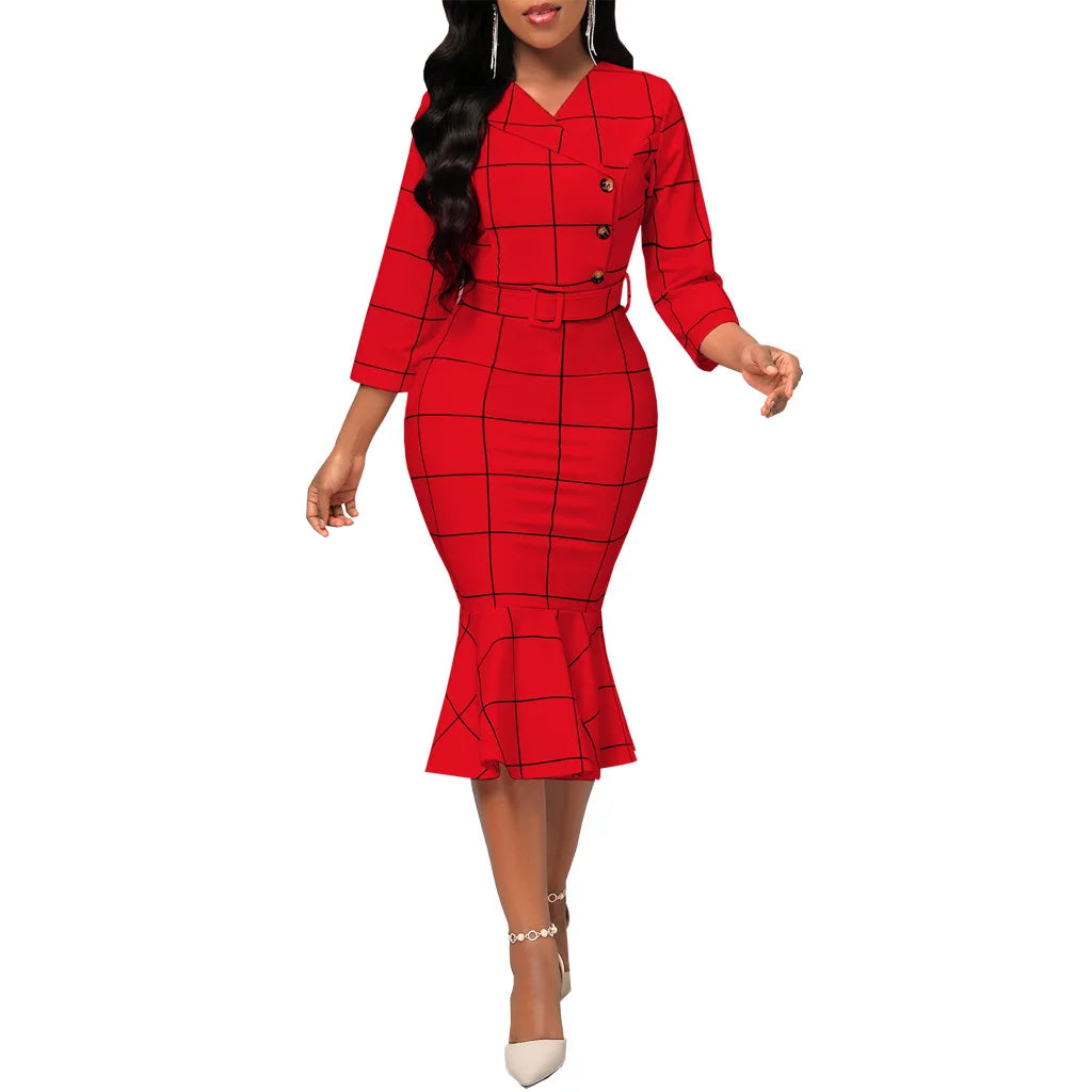 Sexy fashion solid color seven-quarter sleeve small V-neck women's dress SMR12189
