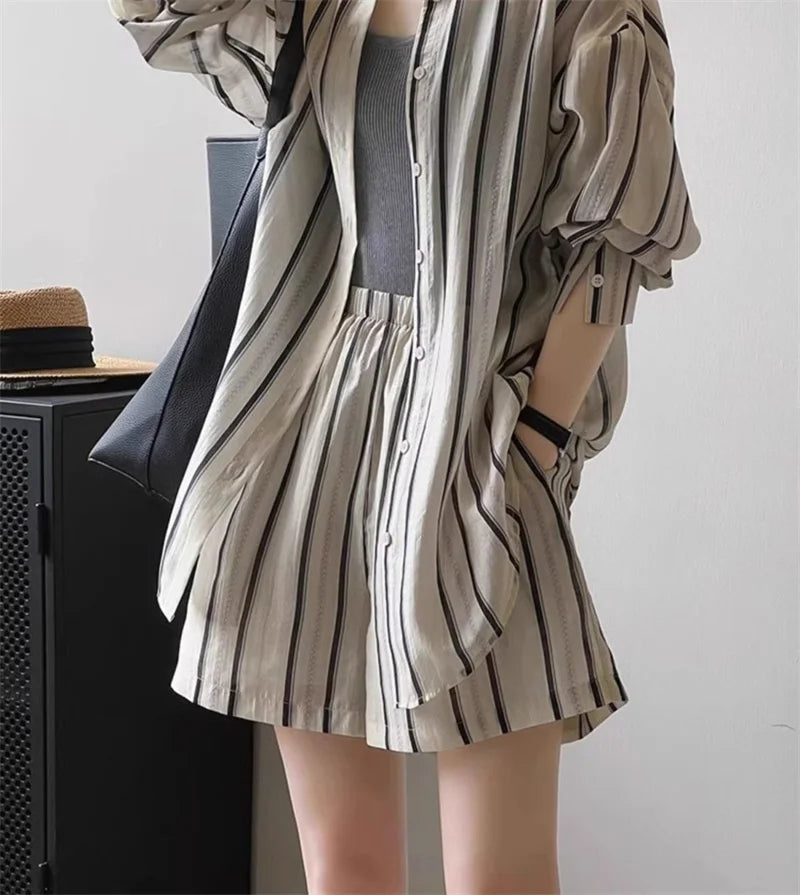 Striped Shirt Shorts And Suits Sun Protection cClothing Casual Sports Suit Women's Summer Fashion Shorts Two-Piece Set Female