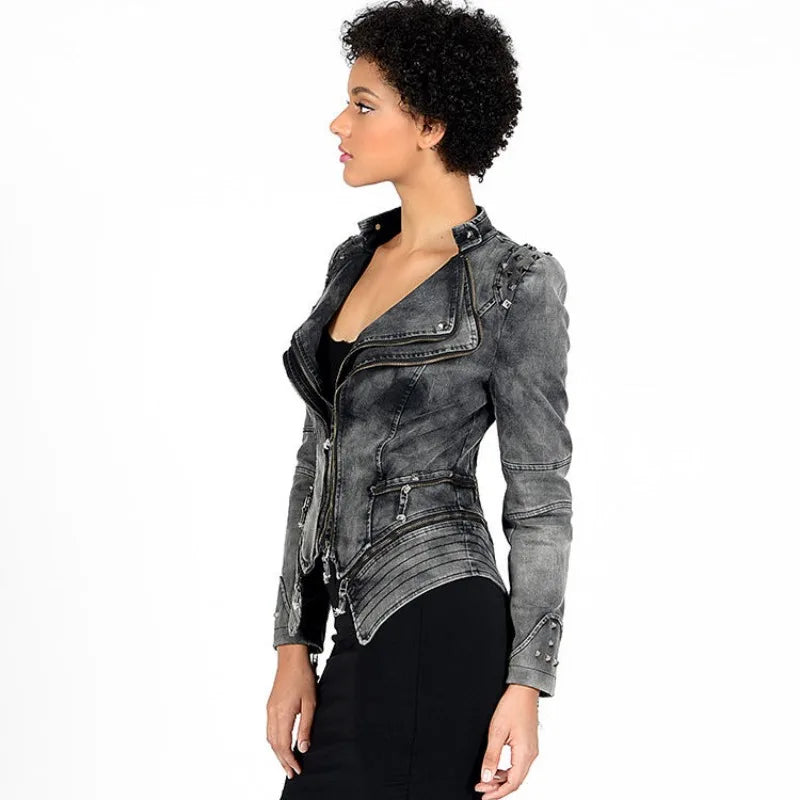 Women's Jacket, Denim Coat, Slim Fit, Shoulder Shrugs, Rivet Zipper Splicing