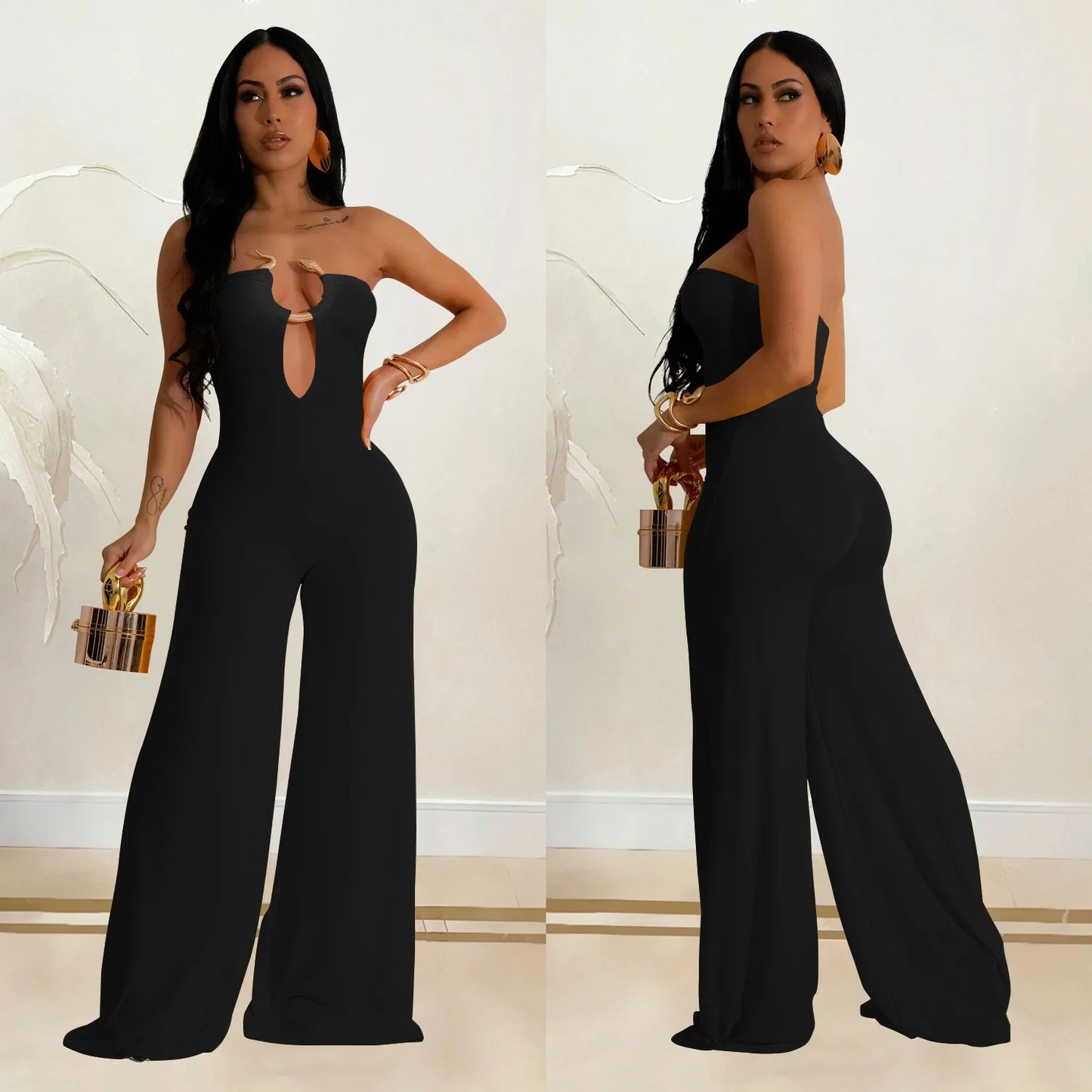 CM.YAYA Women Wide Leg Deep V-Neck Sleeveless Jumpsuits 2024 Summer Hollow Out Night Street Club Playsuit One Piece Suit Romper