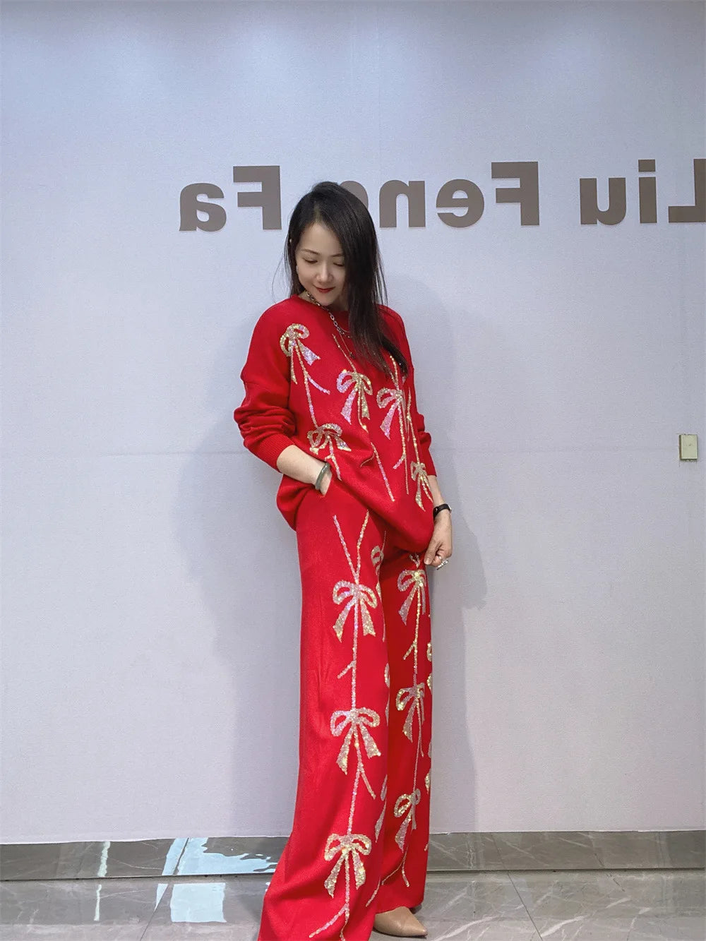 2025 Autumn New Fashion Rhinestone Knitted Two-Piece Set Loose Women's Top Casual Wide-Leg Pants Ladies Long Pants Suit