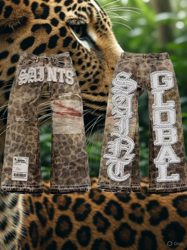 Gothic Men Women Vintage Leopard Jeans Y2K Clothes Hip Hop Letter Patchwork Embroidery Baggy Shorts Mid-rise Wide Leg Trousers