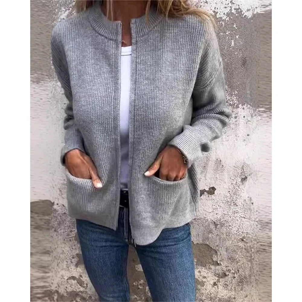 Women's Round Neck Zipper Design Long Sleeve Sweater Top Ladies Casual Fashion Cardigan Autumn