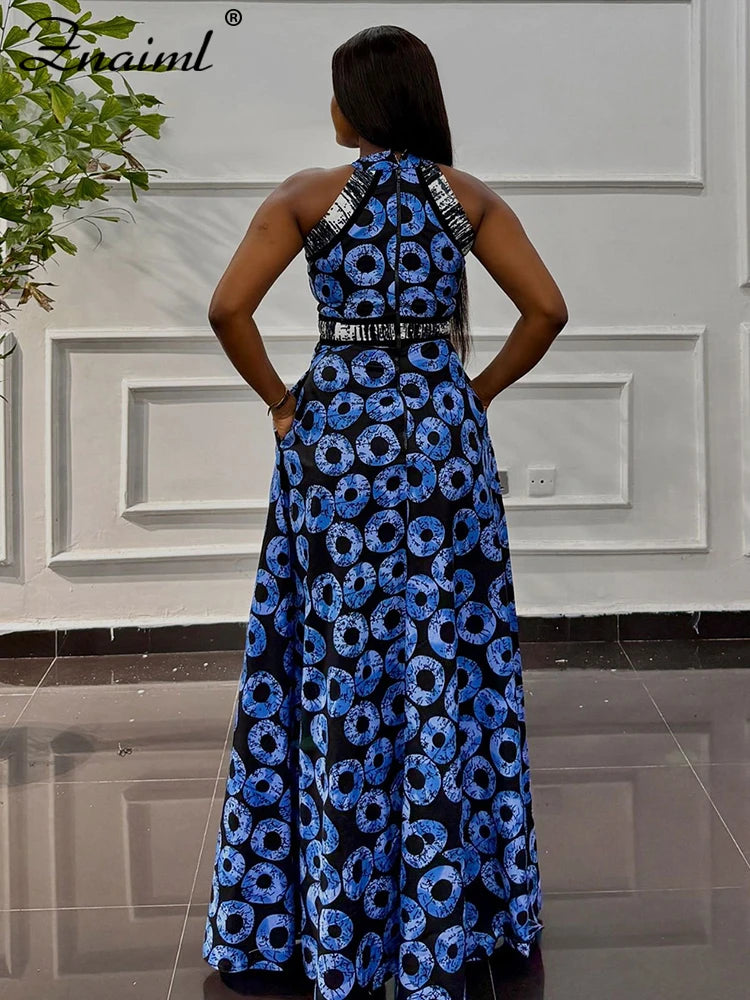 Znaiml Elegant Indie Folk Blue Retro Print A-line Long Dress Women O Neck Sleeveless Birthday Evening Prom Vacation Vestidos New