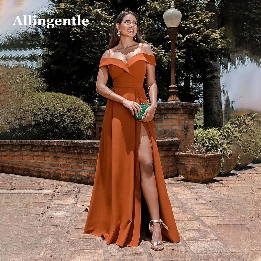 Off Shoulder Burnt Orange Evening Dresses Spaghetti-Straps Elegant A-Line Satin Floor Length плаття на випускний Customized