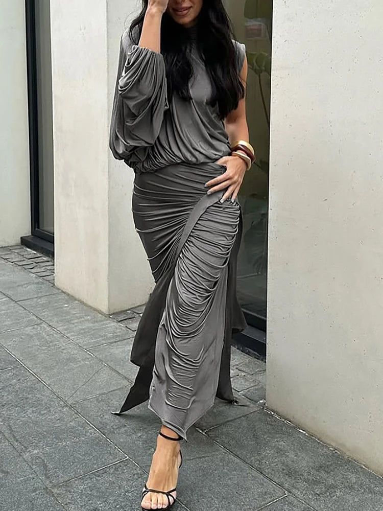 kliou Unique Irregular Women 2 Piece Set Solid Swinging Pleated Single Full Sleeve Turtleneck Tops+Matching Split Maxi Skirts