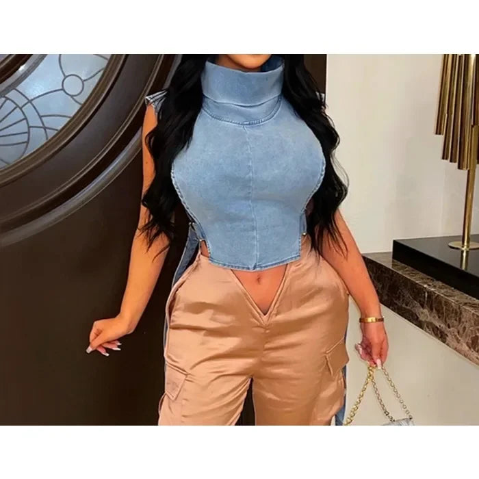 Elegant Tank Tops for Women Streetwear Summer 2025 New Cowboy Pile Collar Pullover Sleeveless Workwear High Waist Short Vest