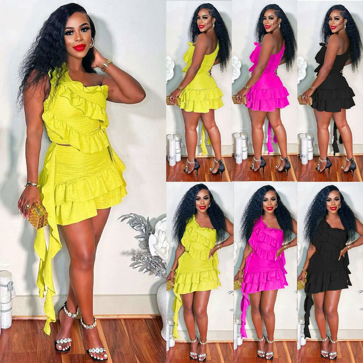 CM.YAYA Women Set Sleeveless One Shoulder Ruffles Tops and Mini Skirt Suits 2024 Sexy Cute beach Street Two 2 Piece Set Outfits
