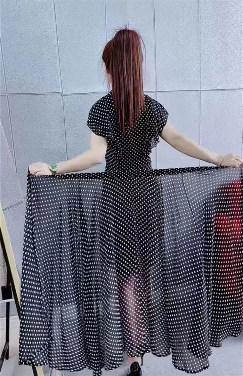 Fashion Dress Set Women's 2024 Summer New Polka Dot Style Sweet and Slim Ruffle Dress+Apron Two Piece Set Black V-Neck Dress Lad