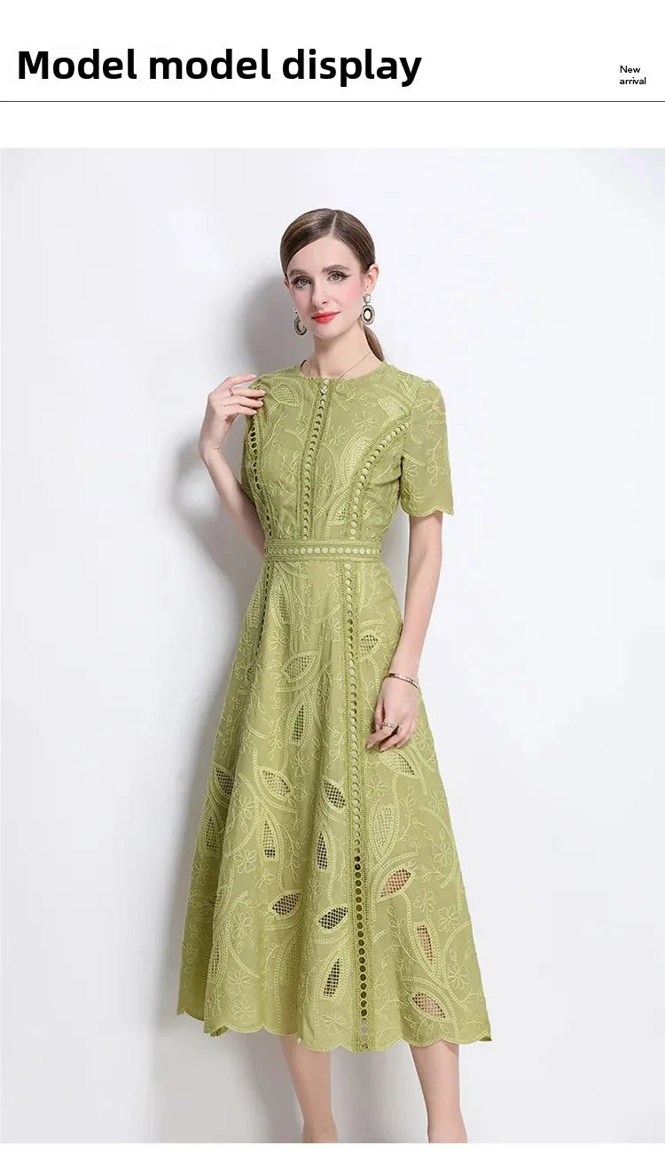 Elegant Lace Sleeve Midi Dress Women's round Neck Gored Skirt Short Sleeve Slimming Summer New Style Vintage High-End Feeling